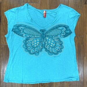Y2K Apple Bottoms Butterfly Sequin Rhinestone Top Shirt Women's 2X Blue Studded